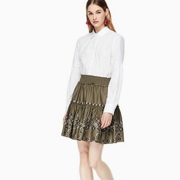 Kate Spade Olive Hue Green Black/White Embroidered Floral Poplin Skirt NWT M - Picture 3 of 15